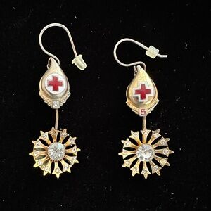 Gold and Silver Drop Earrings Antique Nurses Pins.